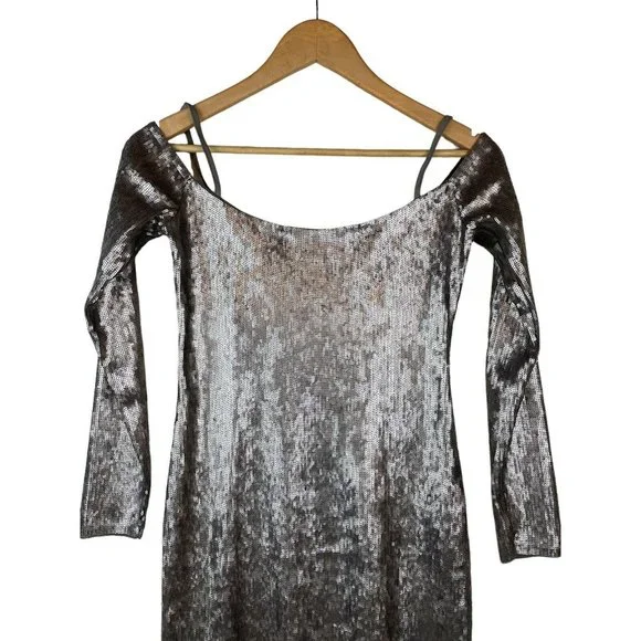 Express Dress Women Size Small Petite Pewter Bronze Sequins Mini Long Sleeve - Picture 2 of 11